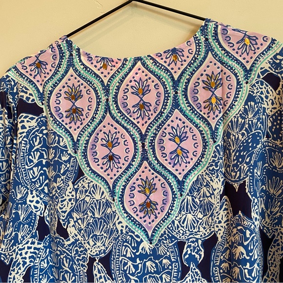 LILLY PULITZER 100% Silk Renato Tunic Deep Indigo Sea Turtle Gold Embellishment - Picture 10 of 11